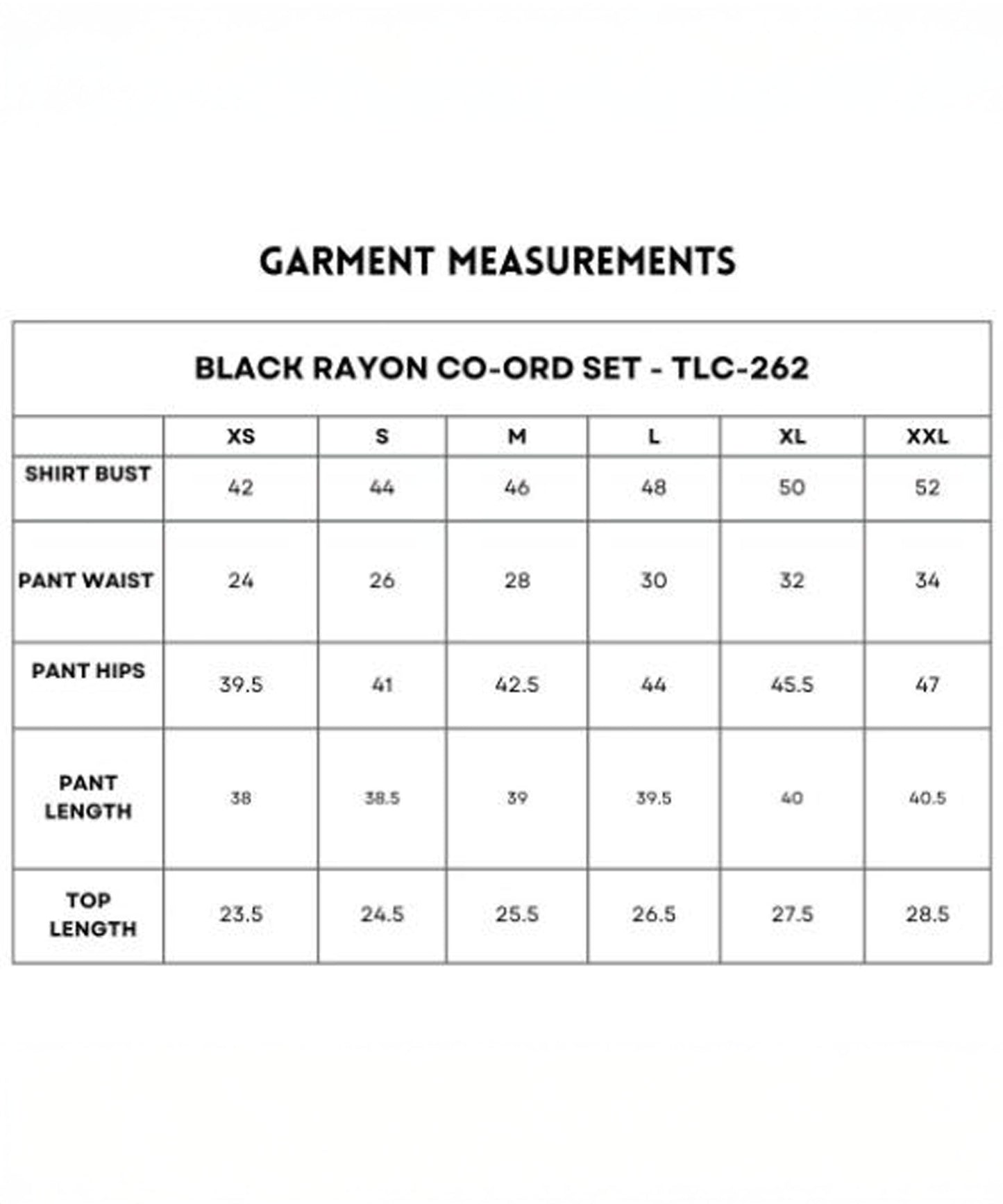 Black Rayon Co-Ord Set measurement chart with sizes XS–XXL, includes bust, waist, hip, and length details for both the stylish top and loose-fit pants.