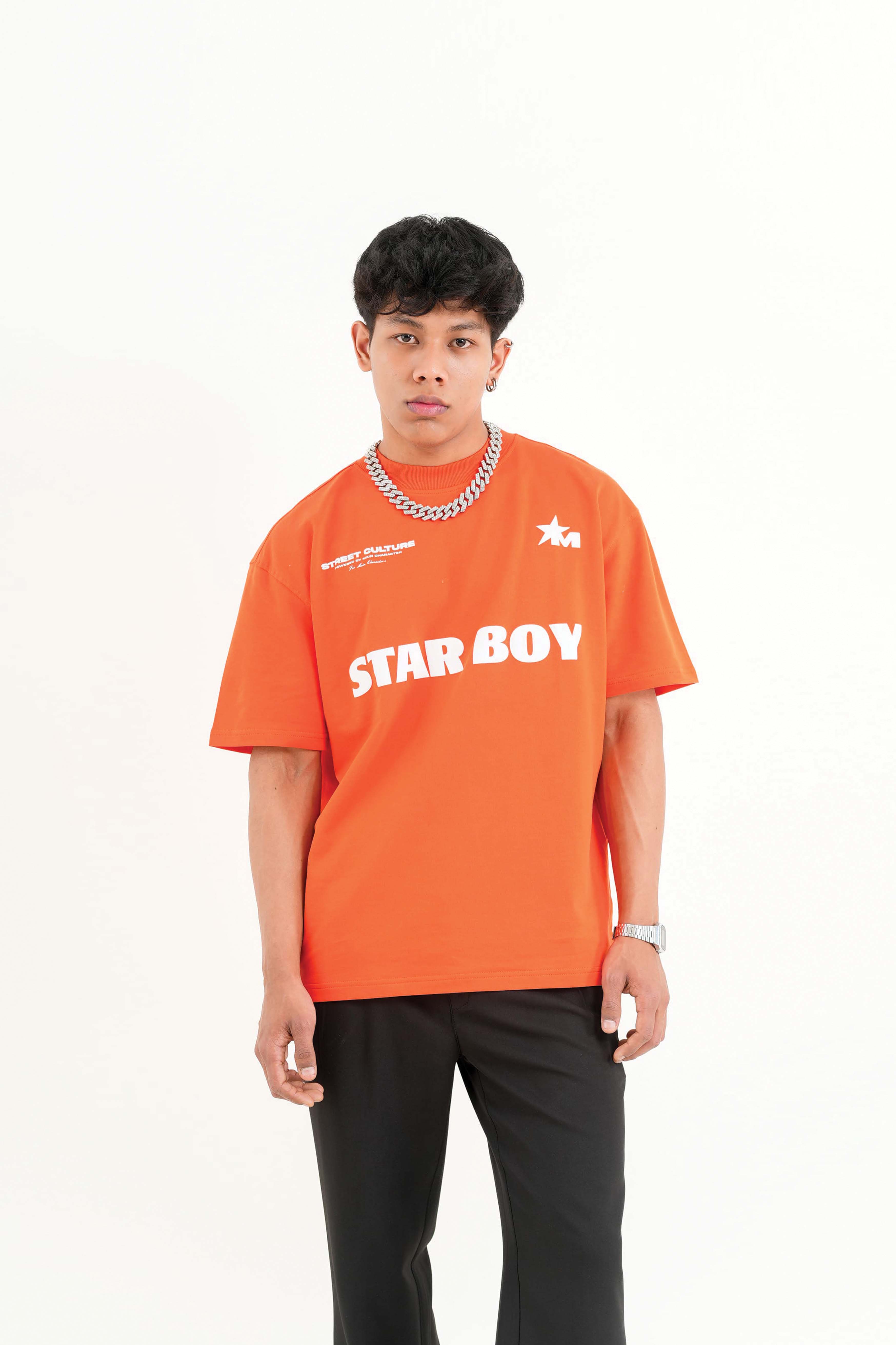 Star Boy Printed Orange Oversized T-Shirt
