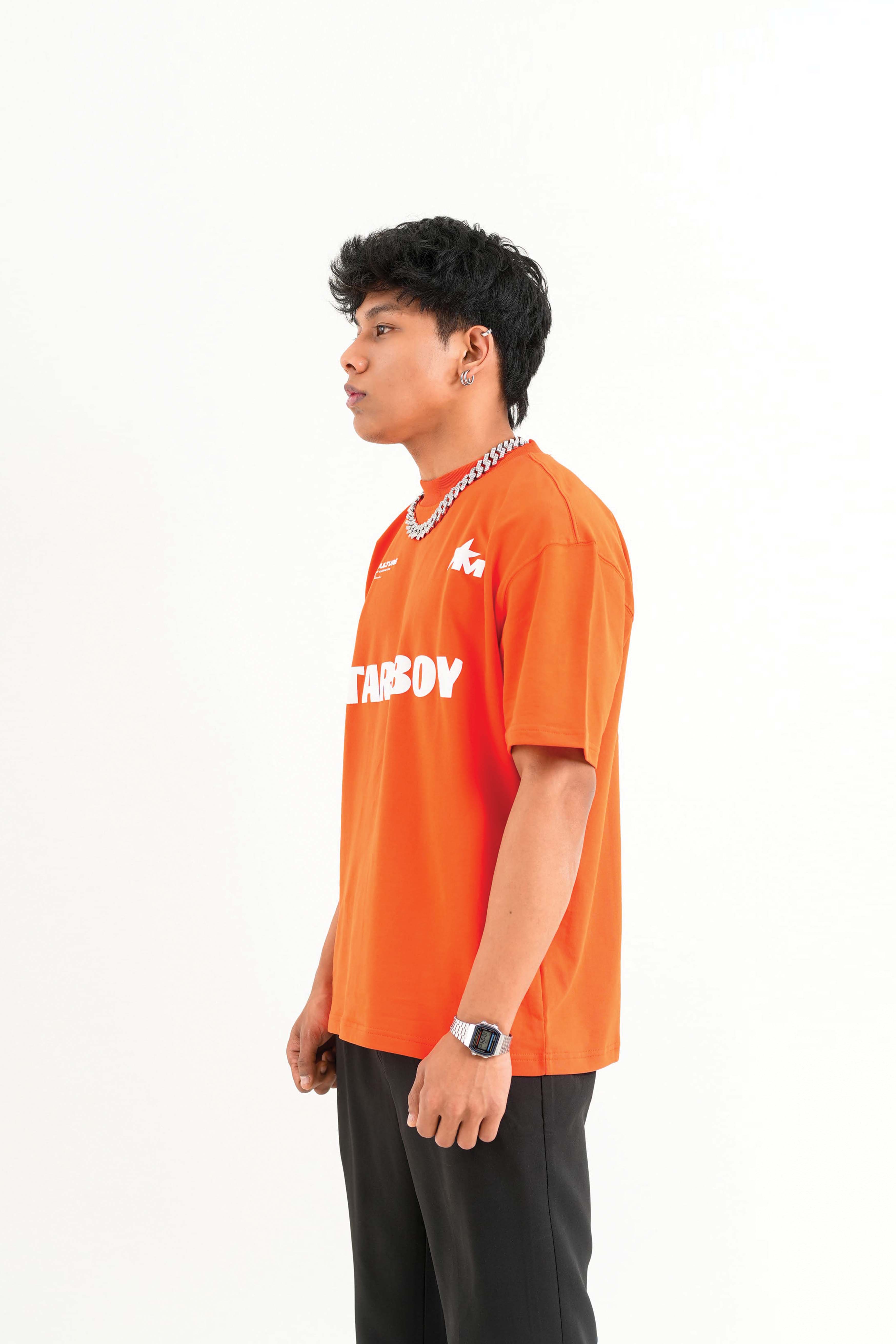 Star Boy Printed Orange Oversized T-Shirt