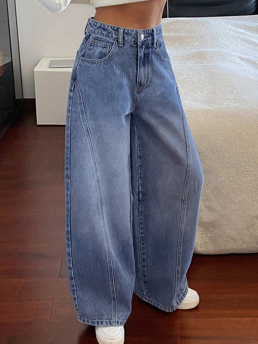 Dusty Cloud Blue Panelled Wide Leg Jeans