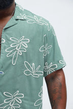 Men's Box-Fit Floral Embroidered Linen Lust Sage Shirt Vellure