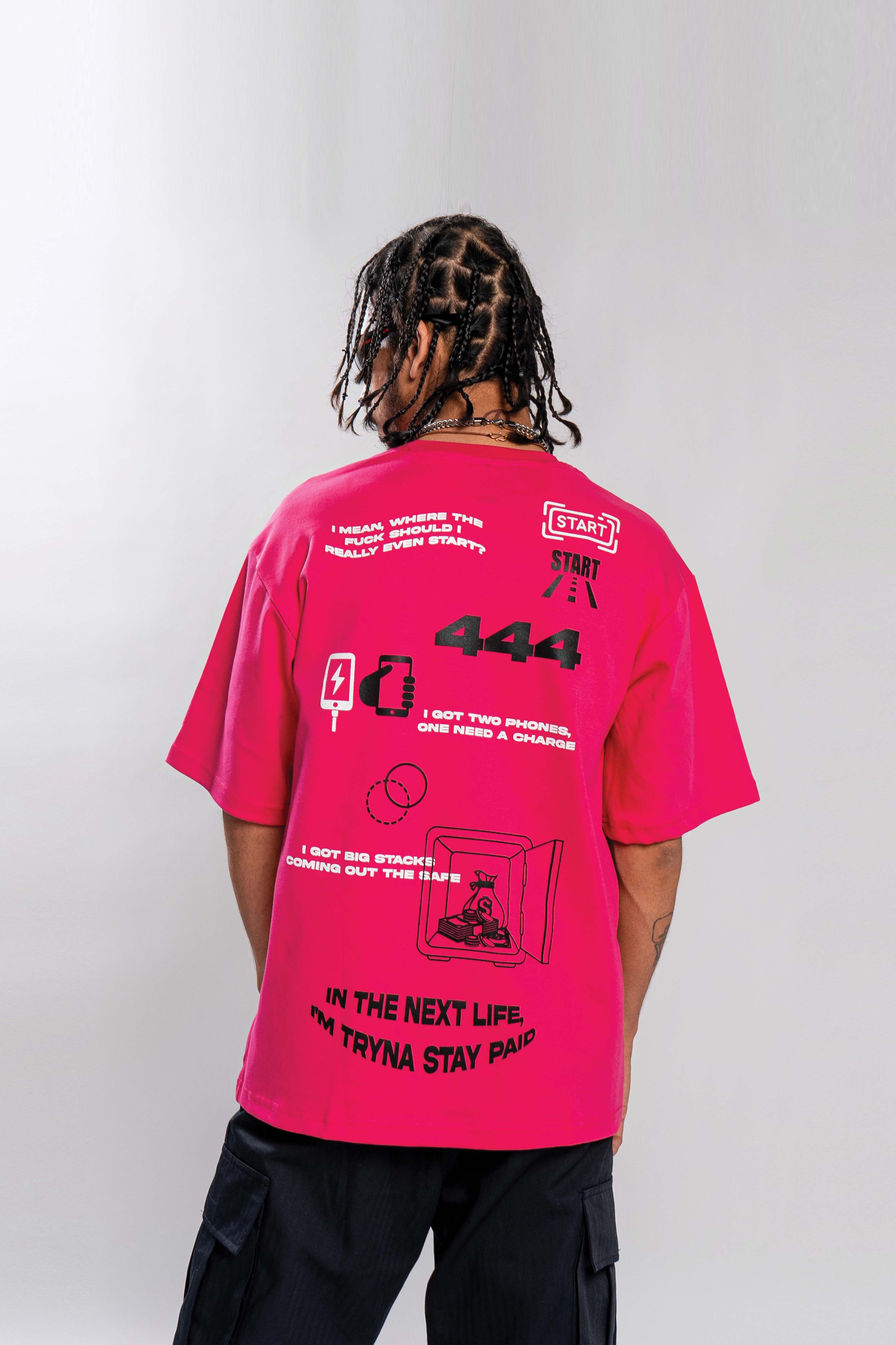444 Oversized Round Neck Printed Pink T Shirt