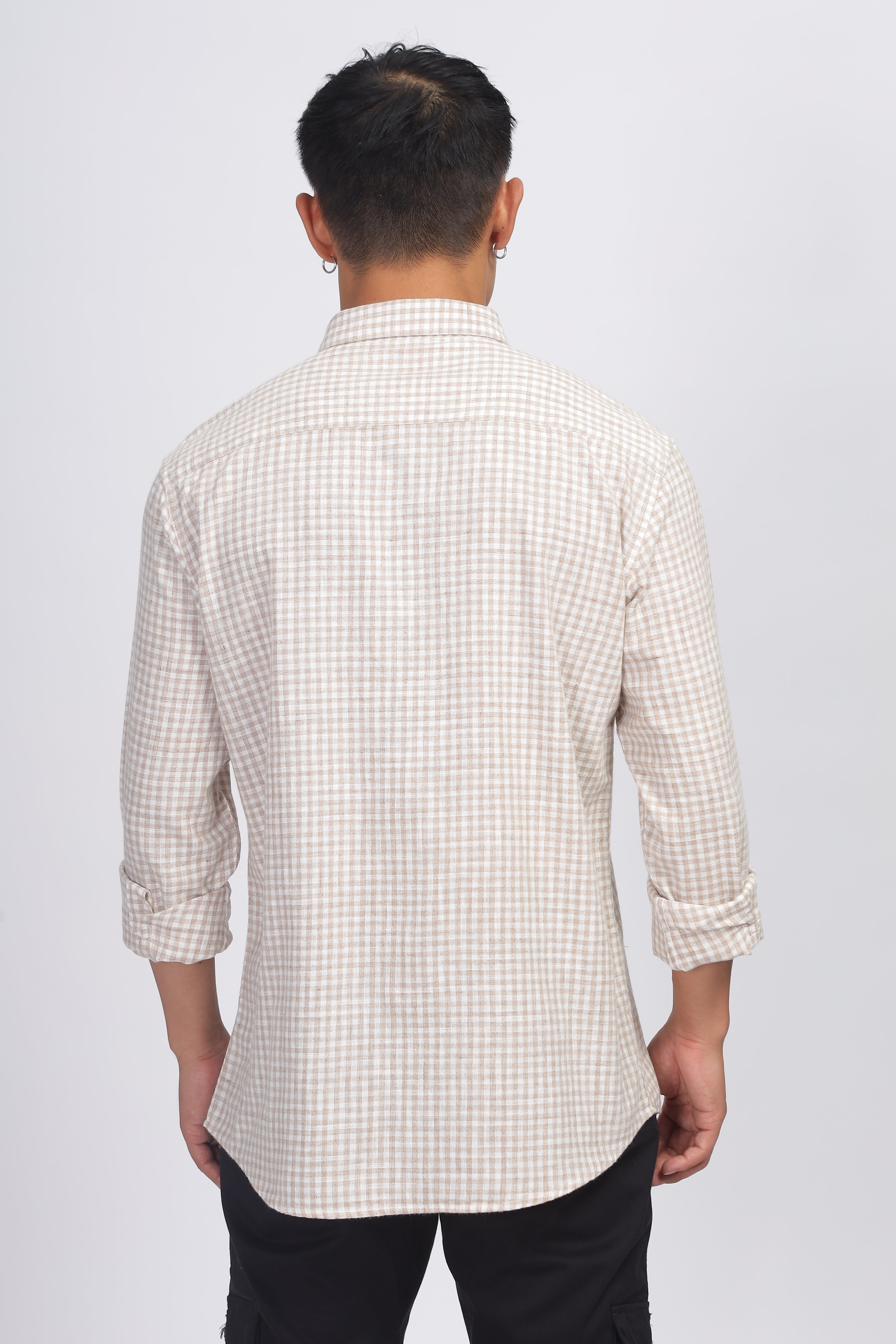 Uri Light Brown Gingham Check Cotton Shirt Uri