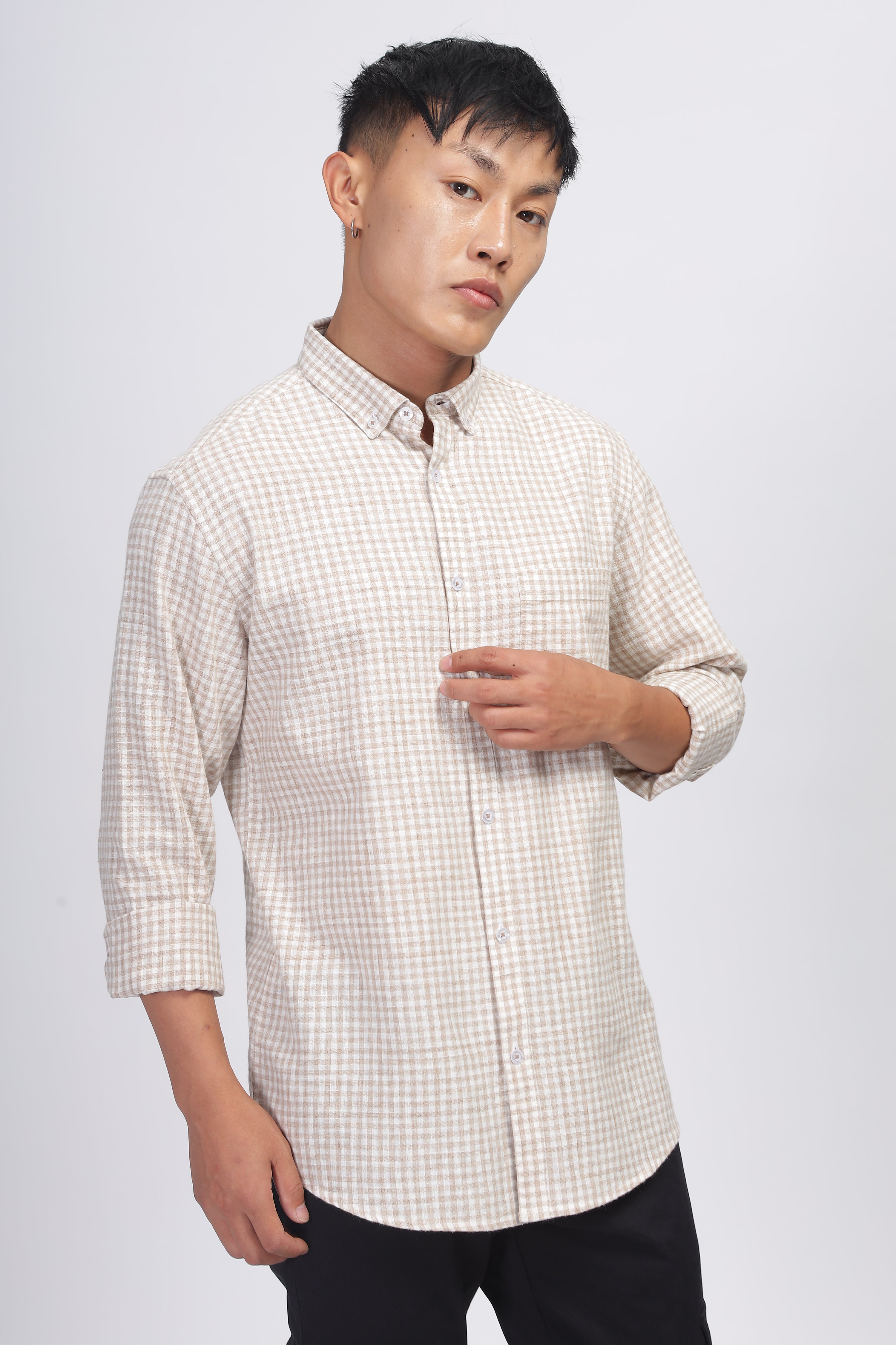 Uri Light Brown Gingham Check Cotton Shirt Uri
