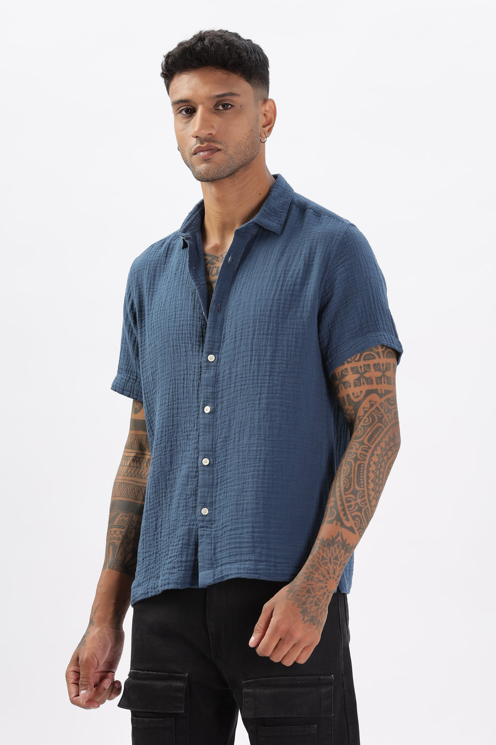 Uri Textured Boxy Fit Blue Shirt Uri