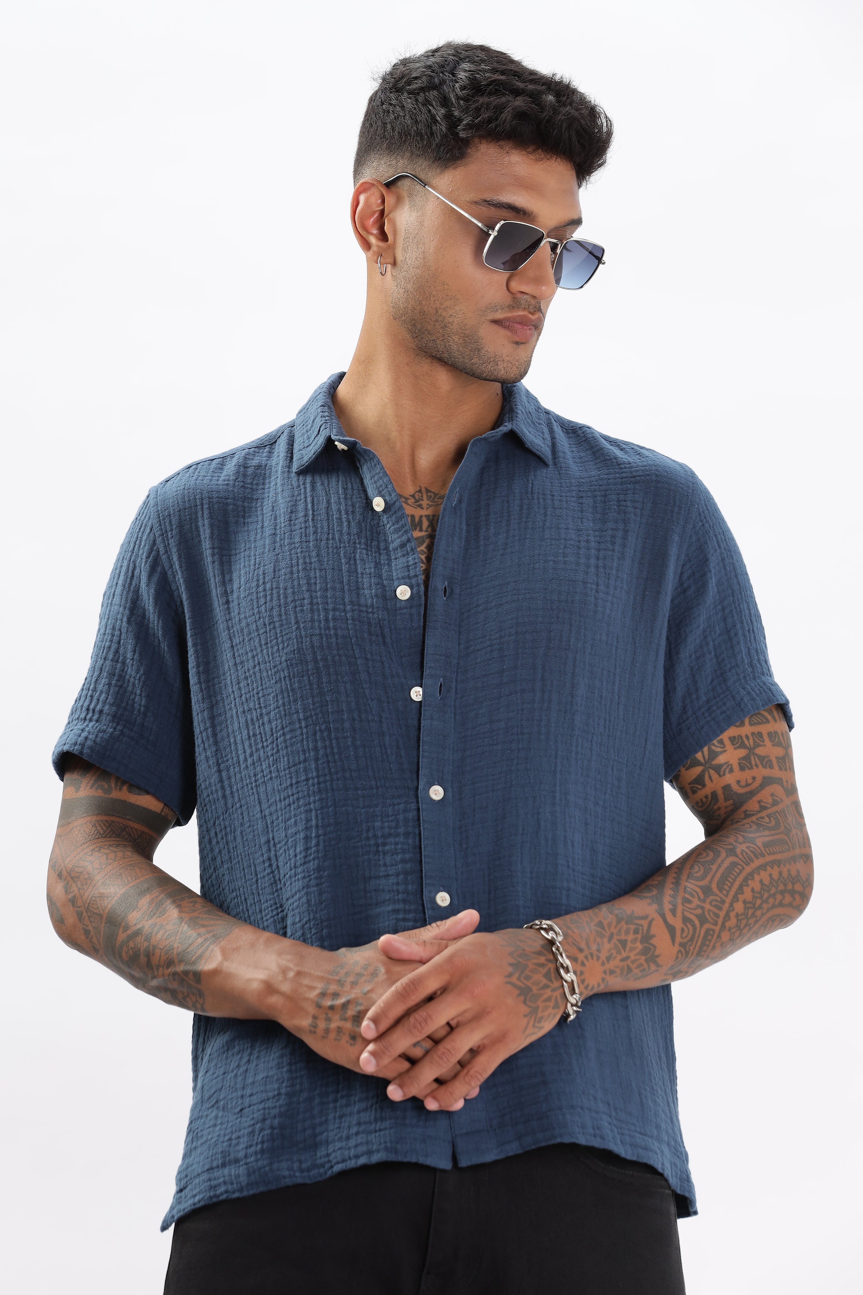 Uri Textured Boxy Fit Blue Shirt Uri