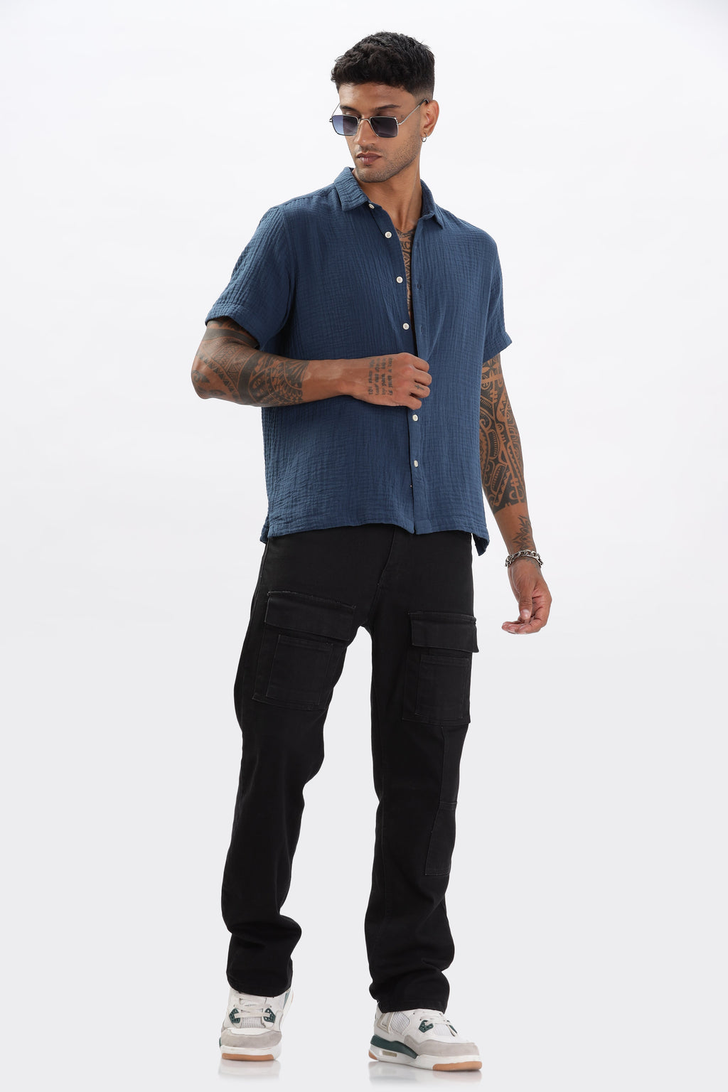 Uri Textured Boxy Fit Blue Shirt Uri