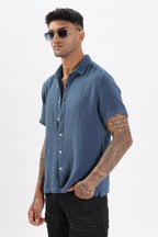 Uri Textured Boxy Fit Blue Shirt Uri