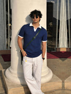 Navy Blue Solid Waffle Cut Away Collar Polo T-Shirt
