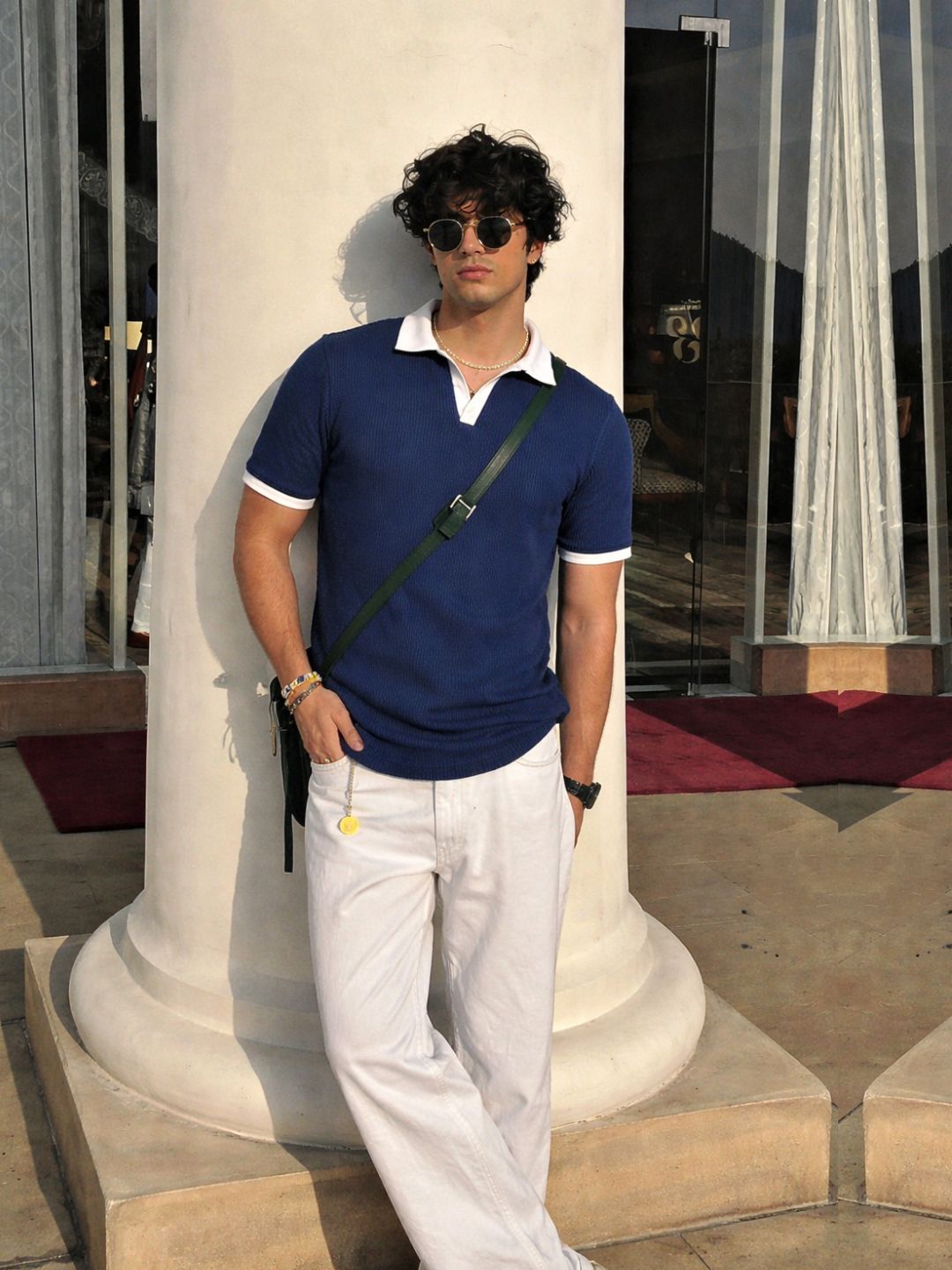 Navy Blue Solid Waffle Cut Away Collar Polo T-Shirt