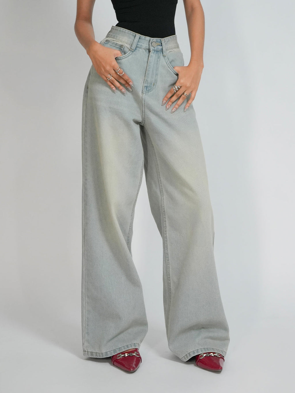 Pale Blue Dirty Wash Wide Leg Jeans Stylish Wodrobe