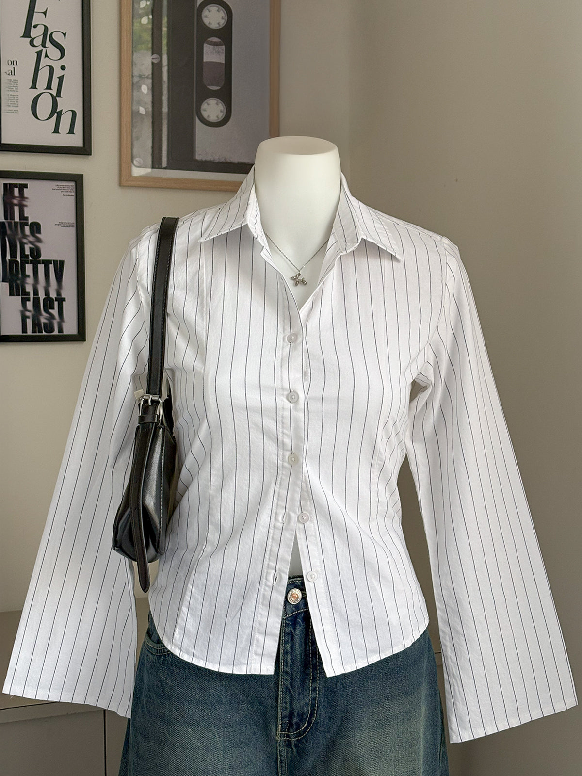 White Striped Flared Sleeve Fitted Shirt