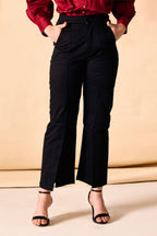 Black Front Slit Hem Straight-Leg Pants