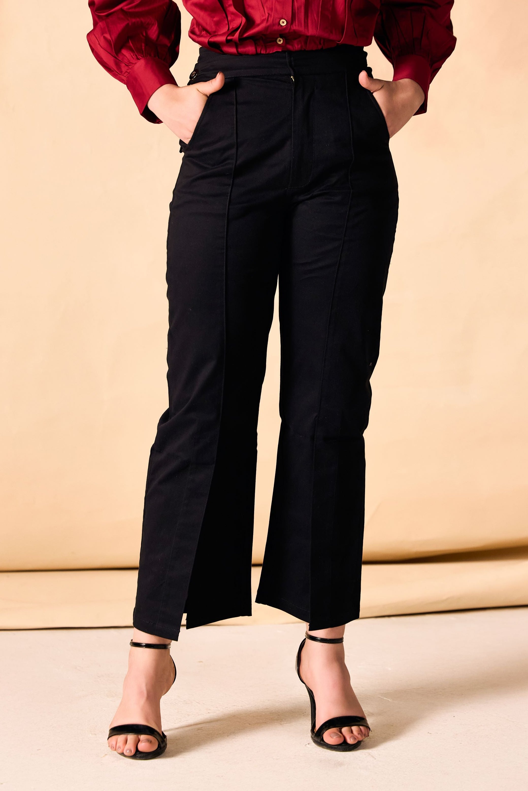 Black Front Slit Hem Straight-Leg Pants