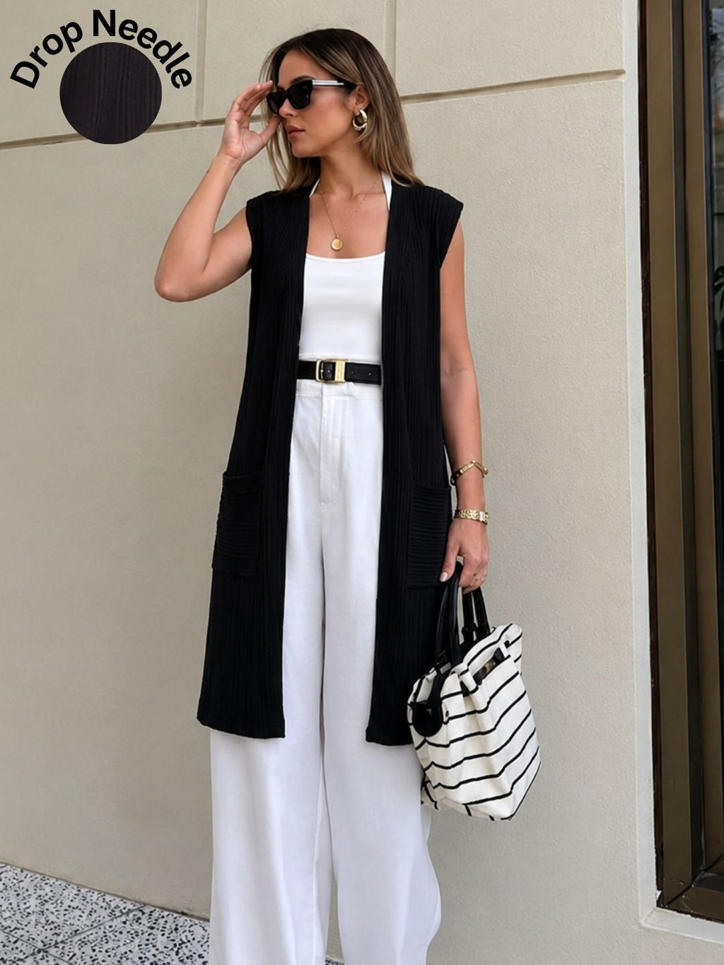 Black Self Textured Drop Needle Sleeveless Shrug