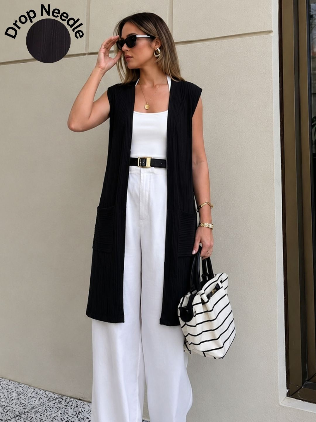 Black Self Textured Drop Needle Sleeveless Shrug