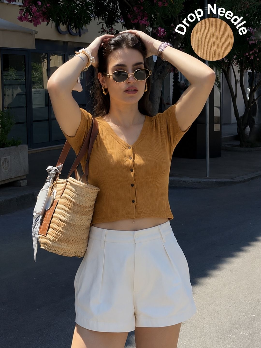 Mustard Drop Needle Self Textured Half Sleeves Top