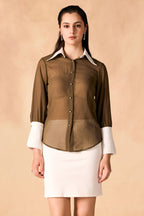 Button-Up Contrast Trim Georgette Sheer Shirt