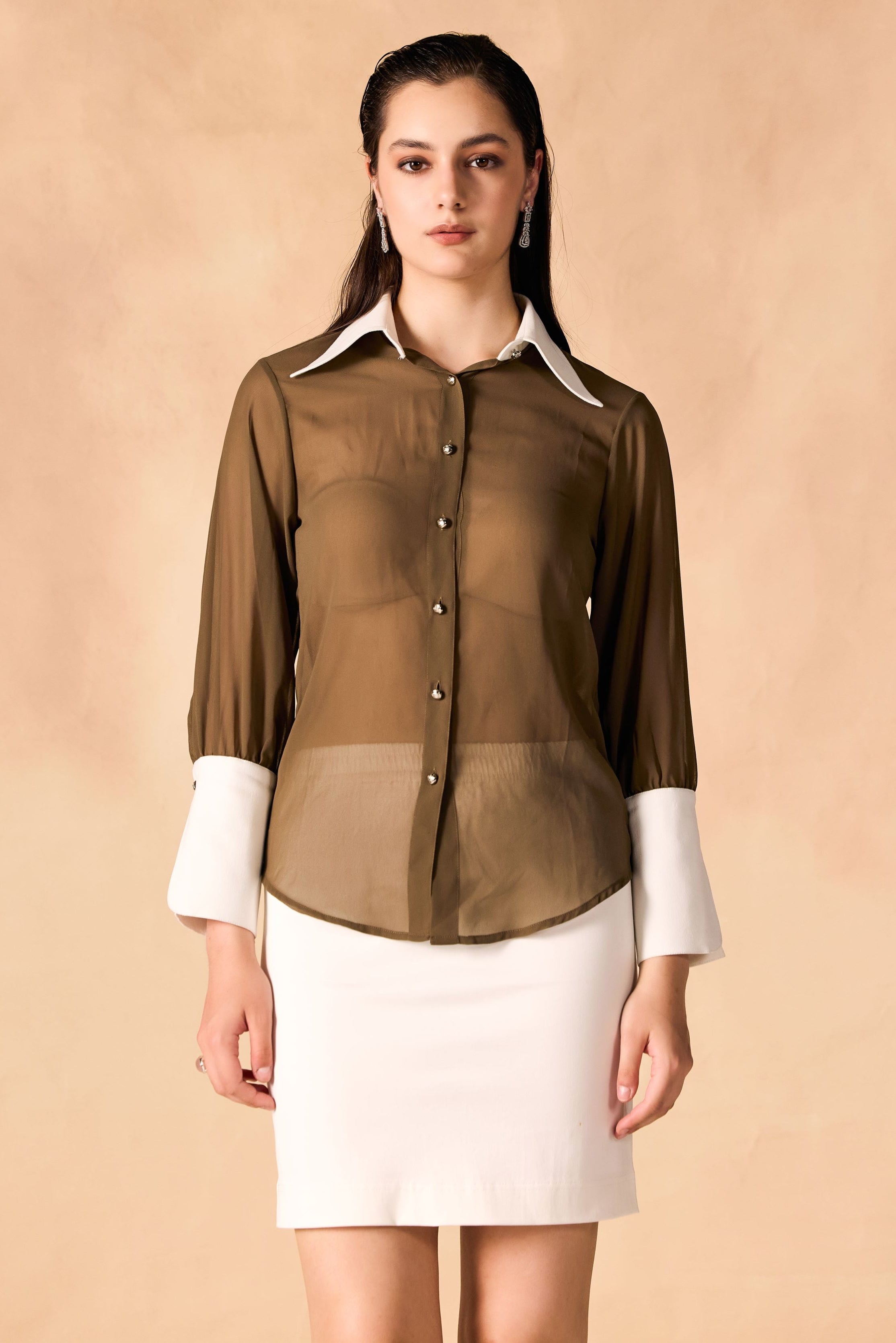 Button-Up Contrast Trim Georgette Sheer Shirt