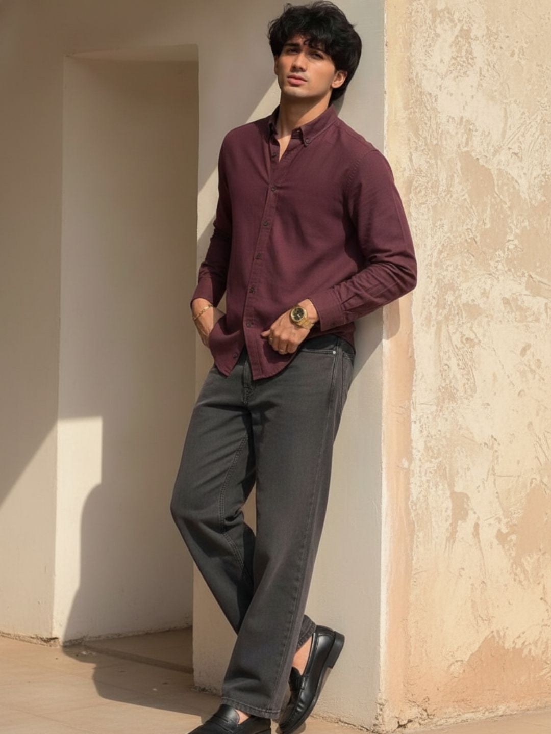 Wine Solid Cotton Cut Away Collar Full Sleeves Shirt