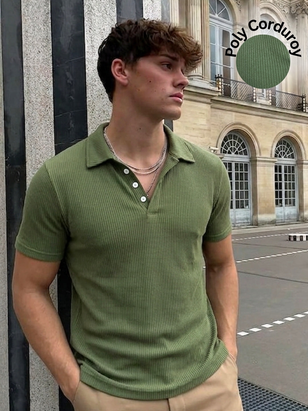 Army Green Solid Poly Corduroy Cut Away Collar Polo T-Shirt