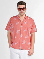 Men's Box-Fit Floral Embroidered Linen Coral Shirt Vellure