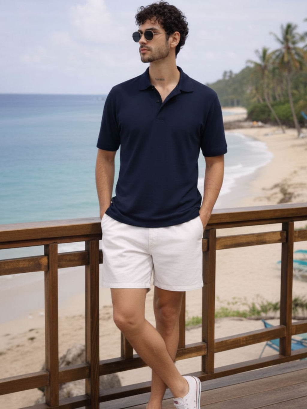 Navy Blue Solid Terry Cut Away Collar Regular Fit Polo T-Shirt
