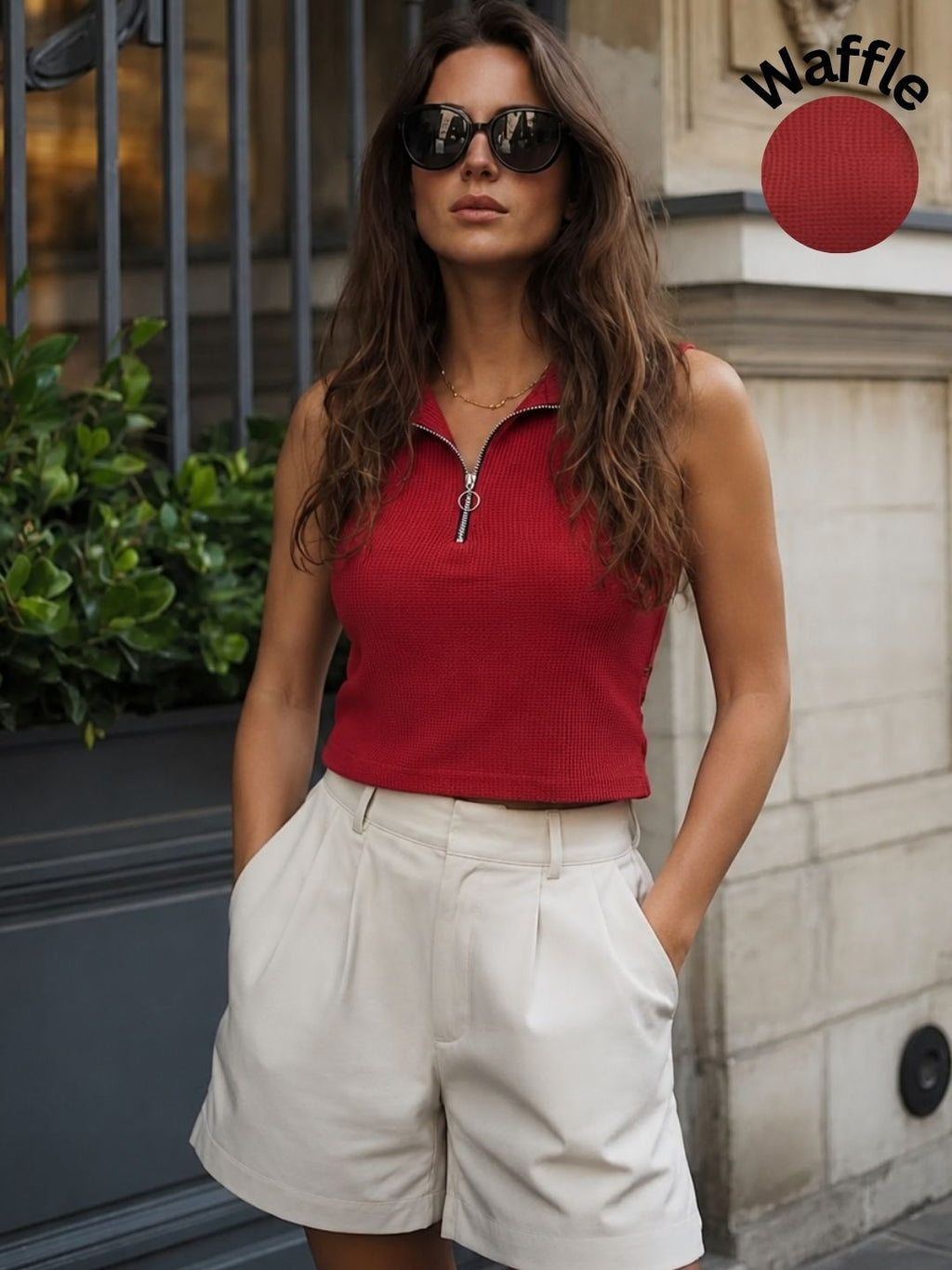 Red Waffle Self Textured Sleeveless High Neck Top