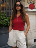 Red Waffle Self Textured Sleeveless High Neck Top