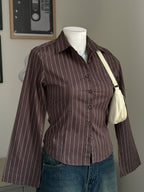 Cocoa Brown Striped Flared Sleeve Fitted Shirt