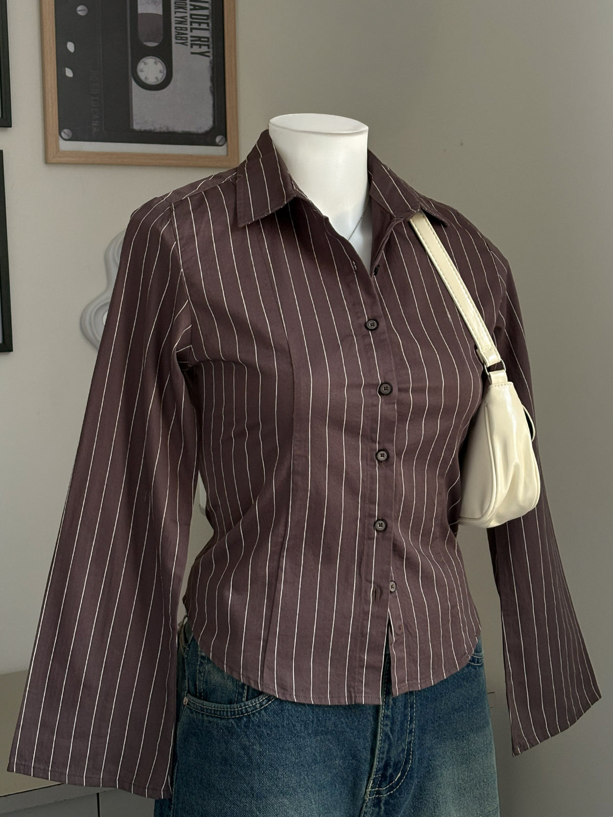Cocoa Brown Striped Flared Sleeve Fitted Shirt