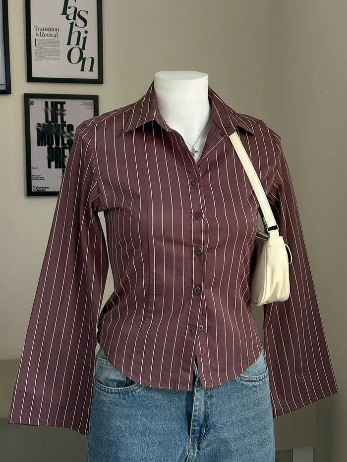 Rose Brown Striped Flared Sleeve Fitted Shirt