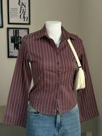 Rose Brown Striped Flared Sleeve Fitted Shirt