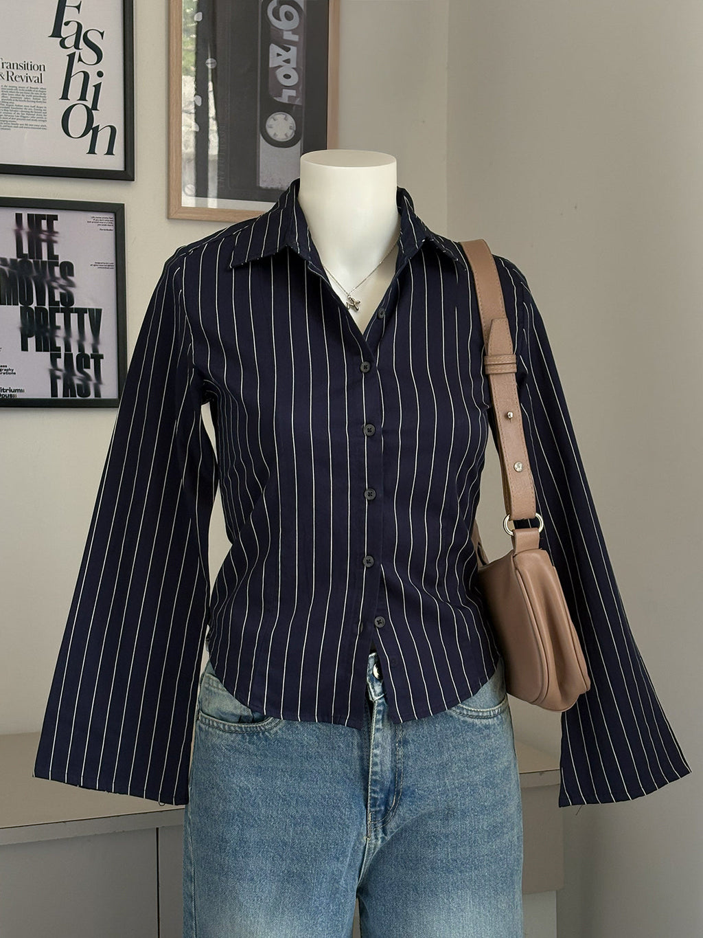 Navy Blue Striped Flared Sleeve Fitted Shirt