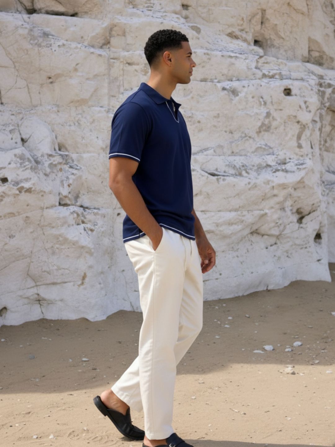 Navy Blue Solid Jersey Cut Away Collar Polo T-Shirt