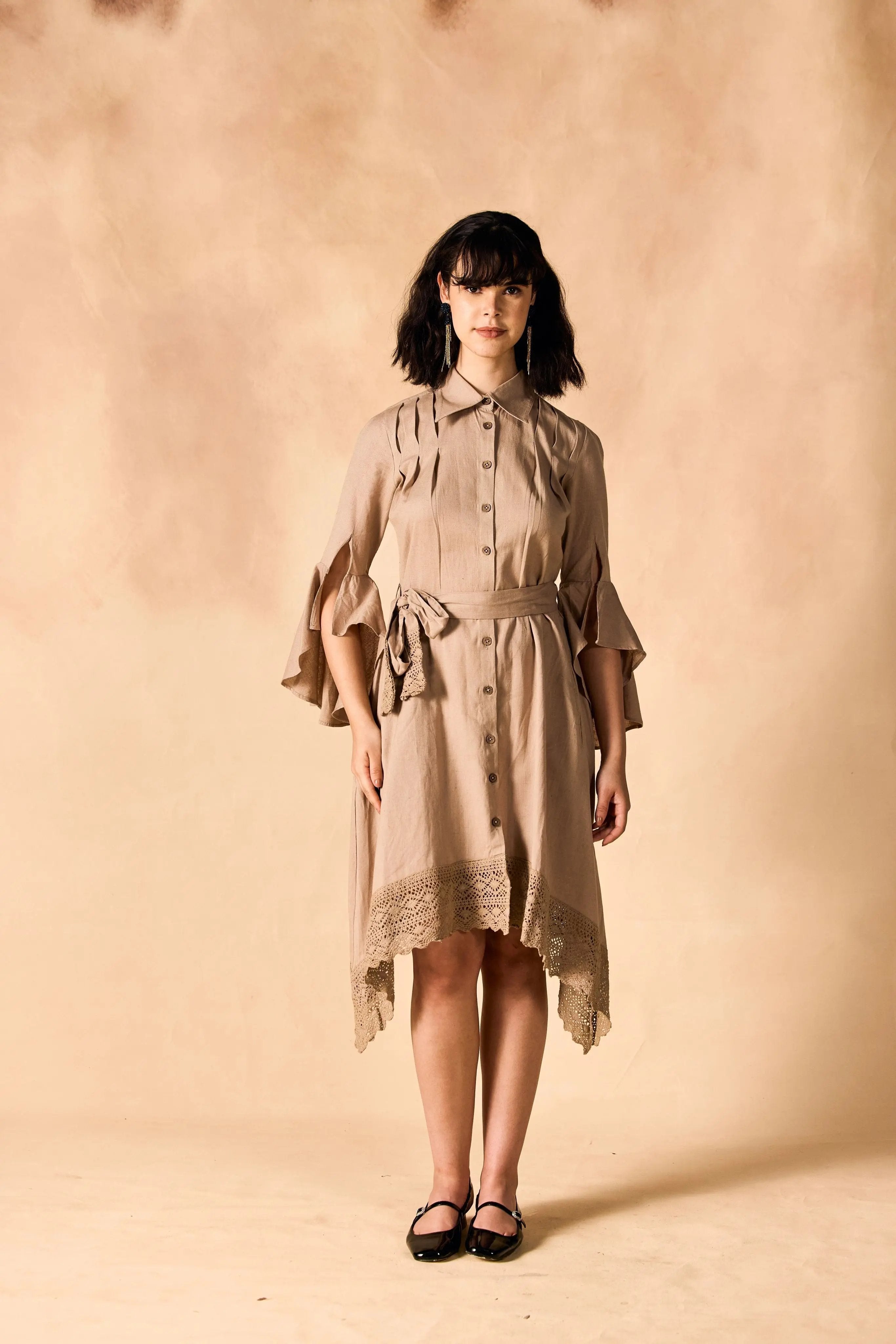 Handkerchief Hem Sash-Tie Belt Linen Shirtdress