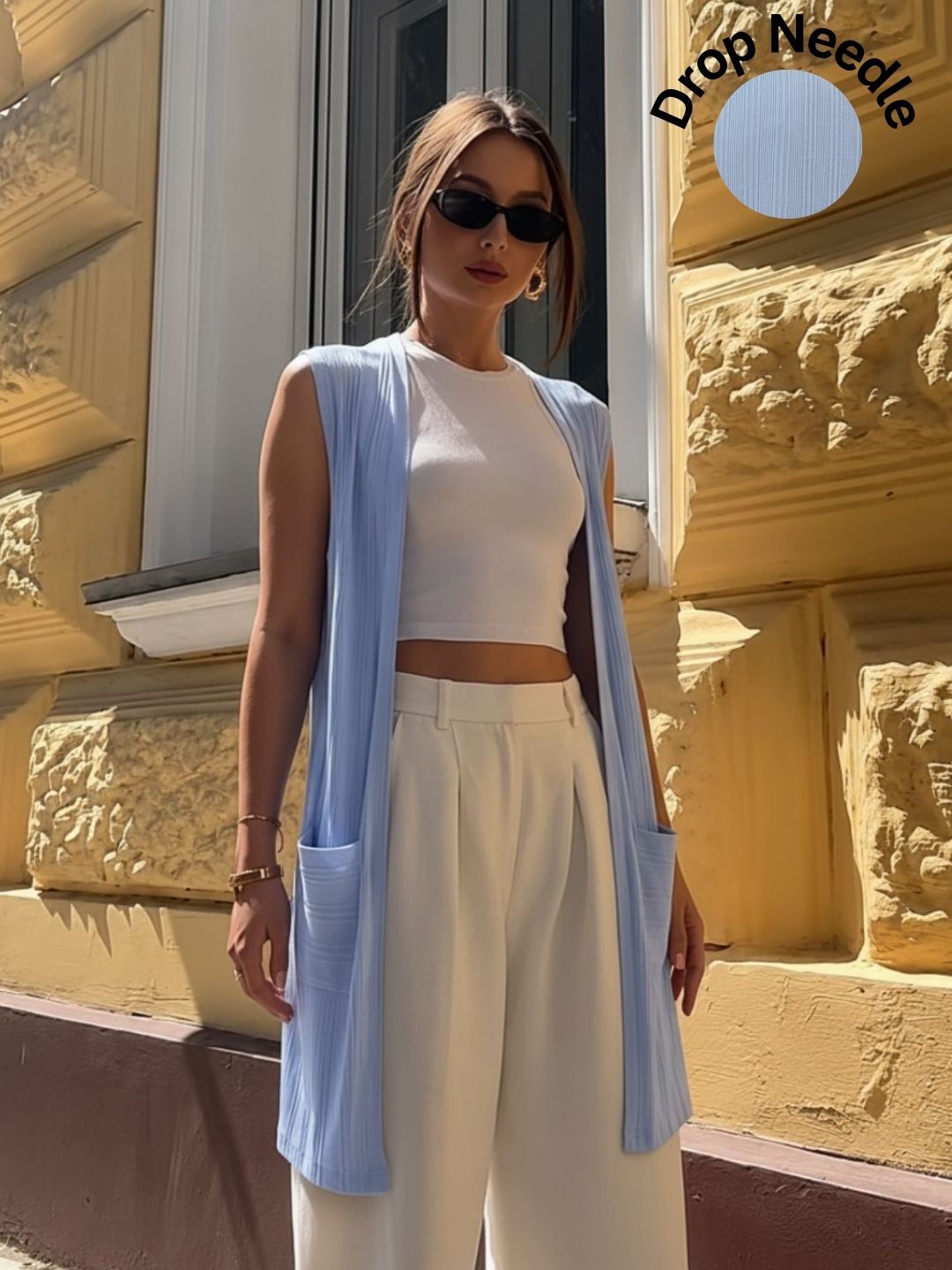 Light Blue Self Textured Drop Needle Sleeveless Shrug