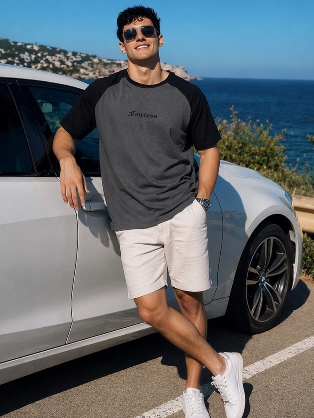 Grey Jersey Colorblock Round Neck Oversized T-Shirt