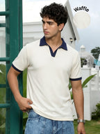Off White Solid Waffle Cut Away Collar Polo T-Shirt