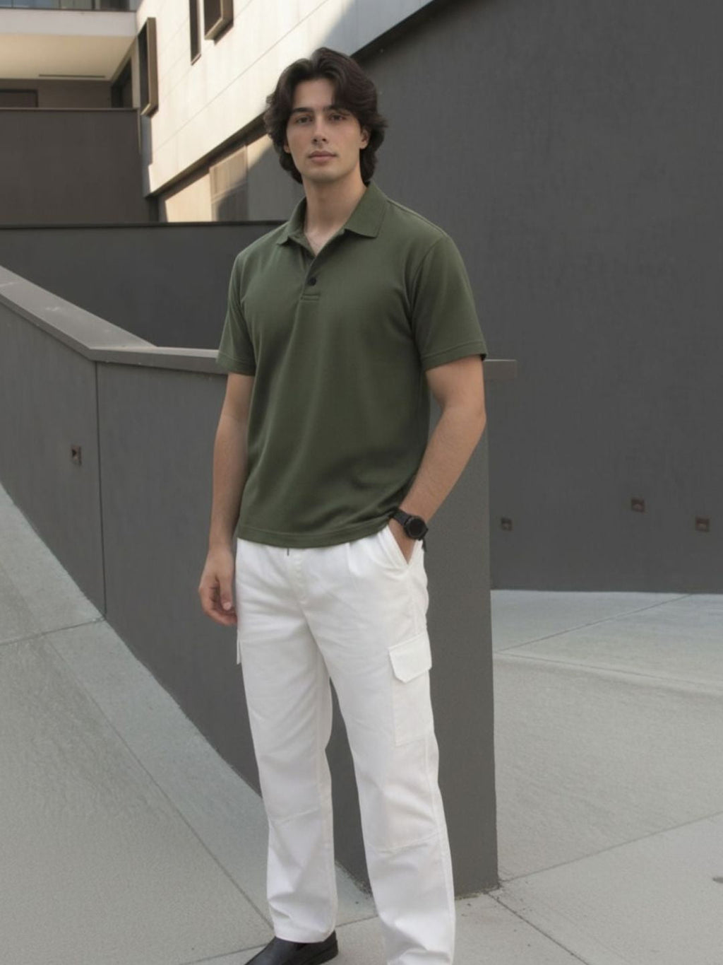 Army Green Solid Terry Cut Away Collar Regular Fit Polo T-Shirt