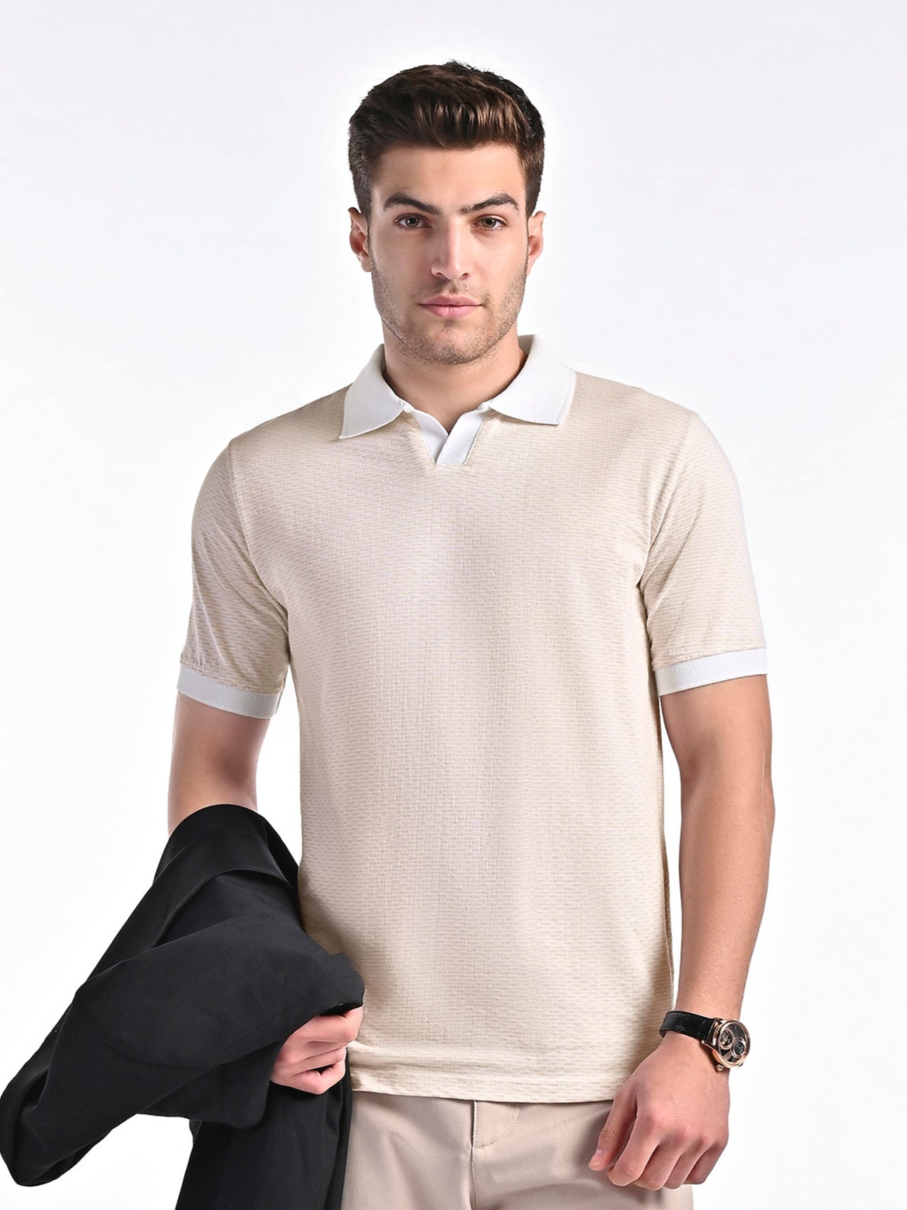 Mercerised Jacquard Polo in Biscotti Beige