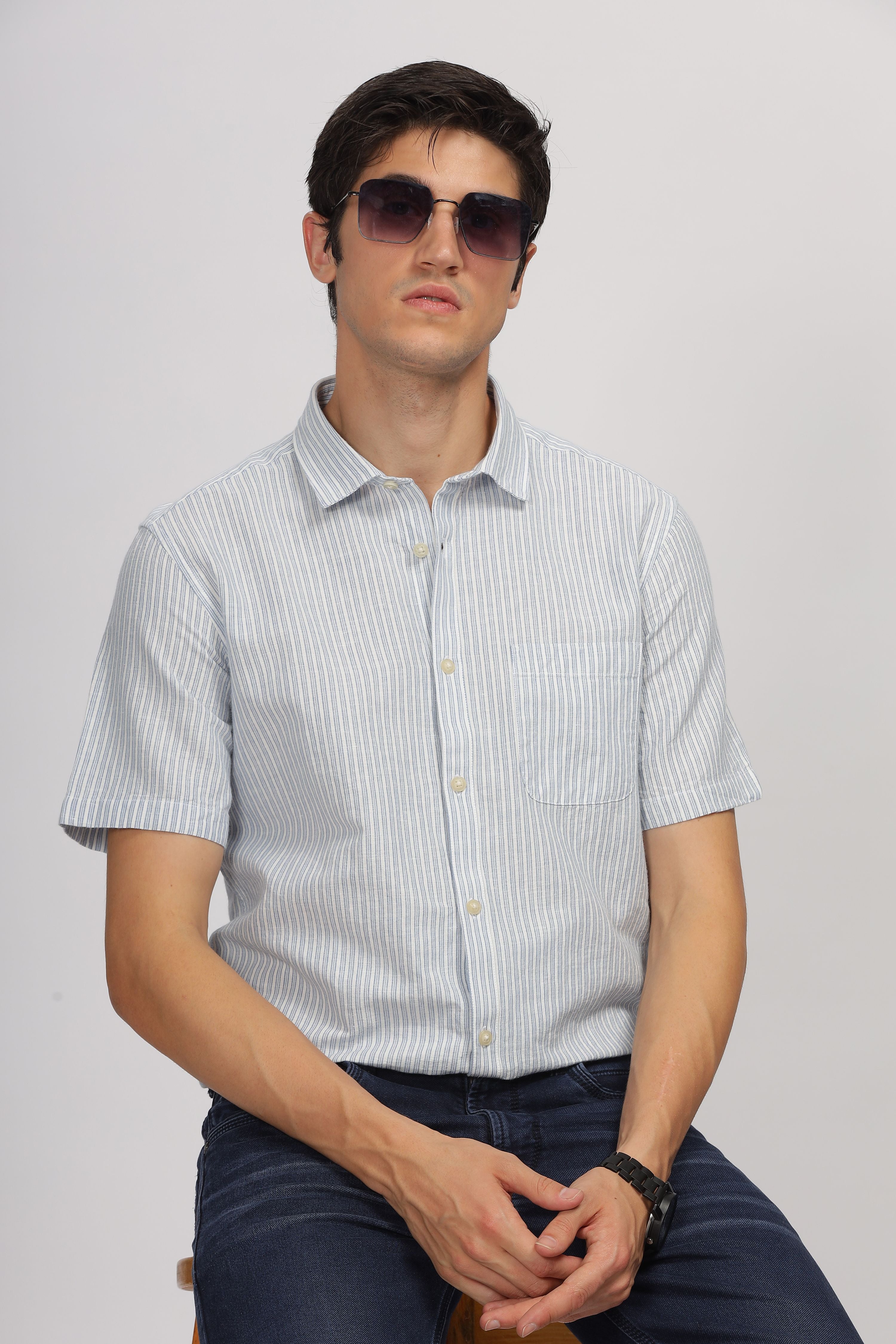 Uri Half Sleeve Linen Striped Shirt Uri