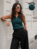 Teal Blue Waffle Self Textured Sleeveless High Neck Top