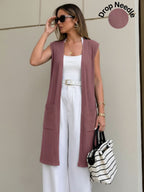 Mauve Self Textured Drop Needle Sleeveless Shrug
