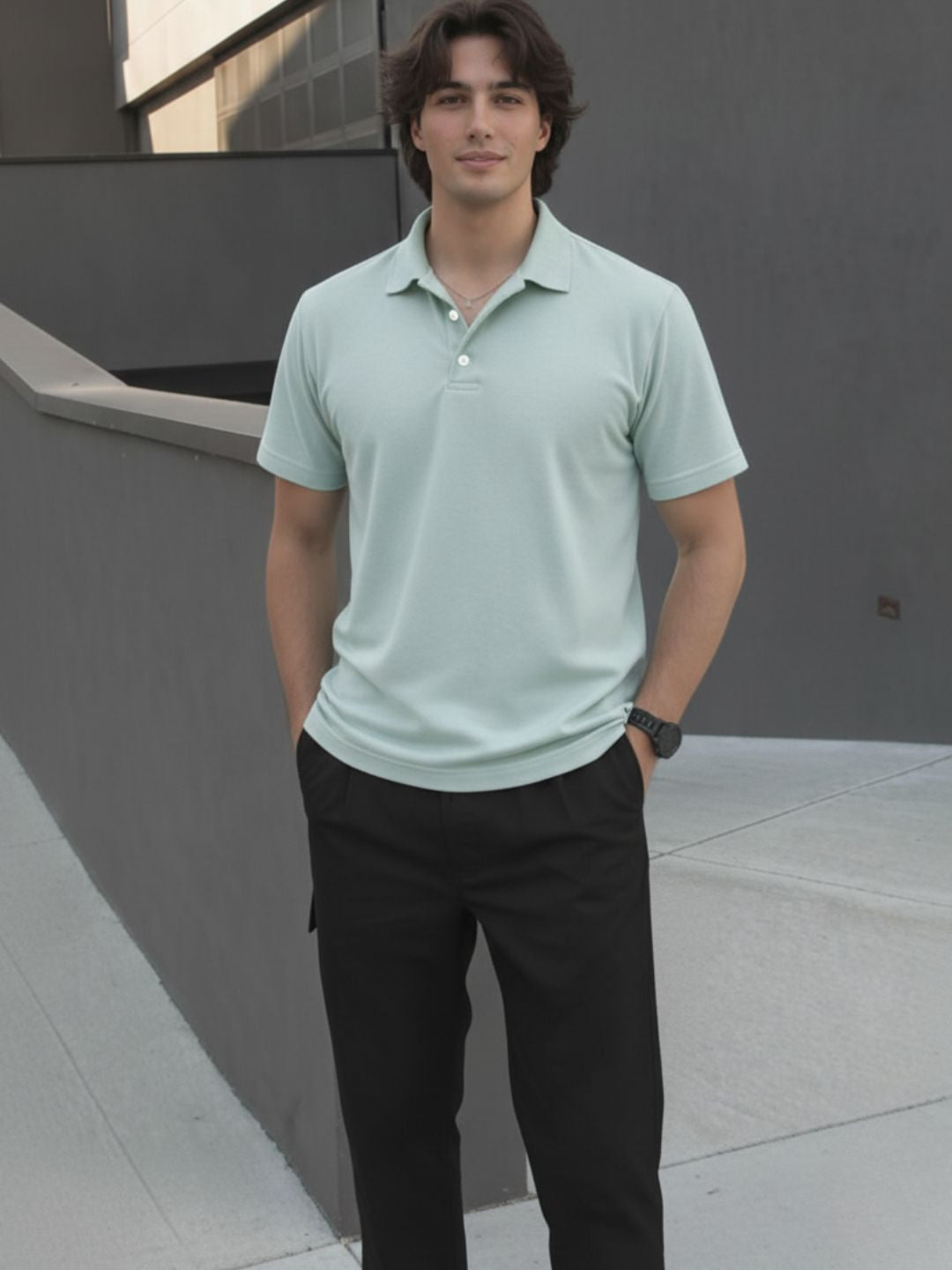 Jade Green Solid Terry Cut Away Collar Regular Fit Polo T-Shirt
