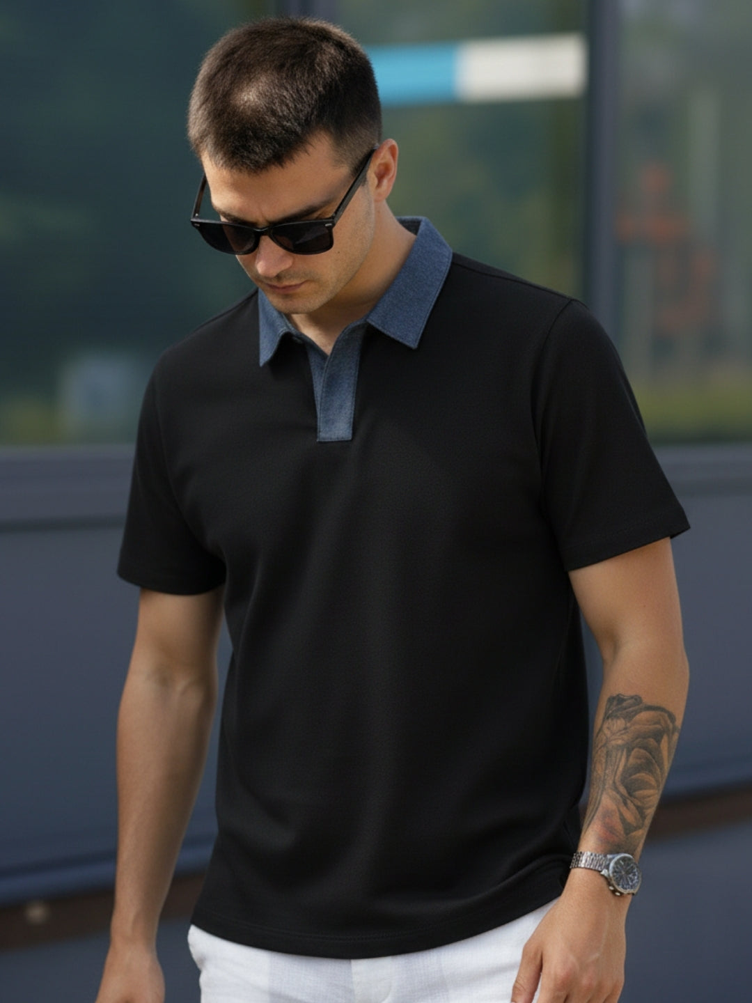 Black Solid Terry Cut Away Collar Polo T-Shirt