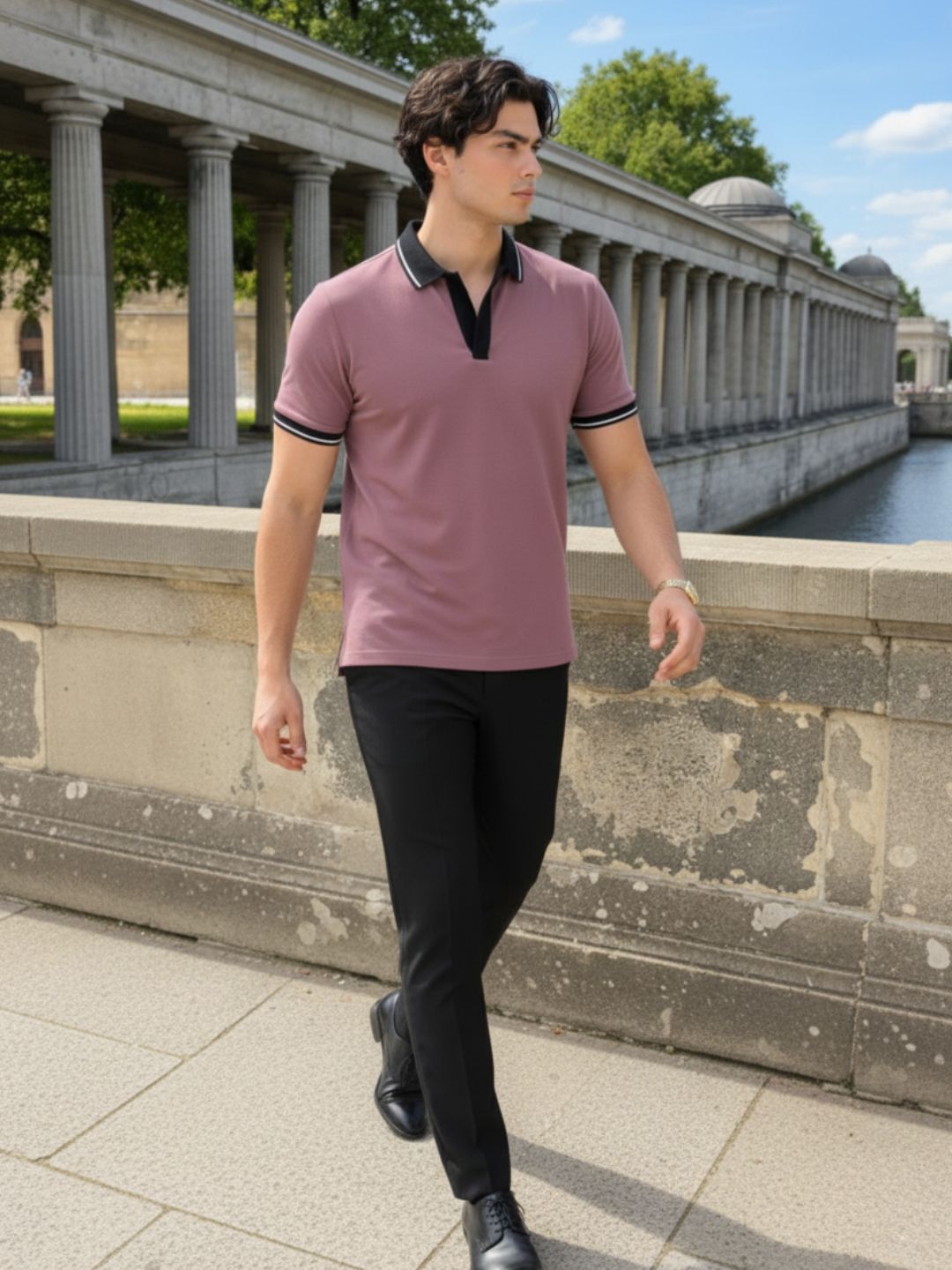 Mauve Terry Contrast Collar Regular Fit Polo T-Shirt