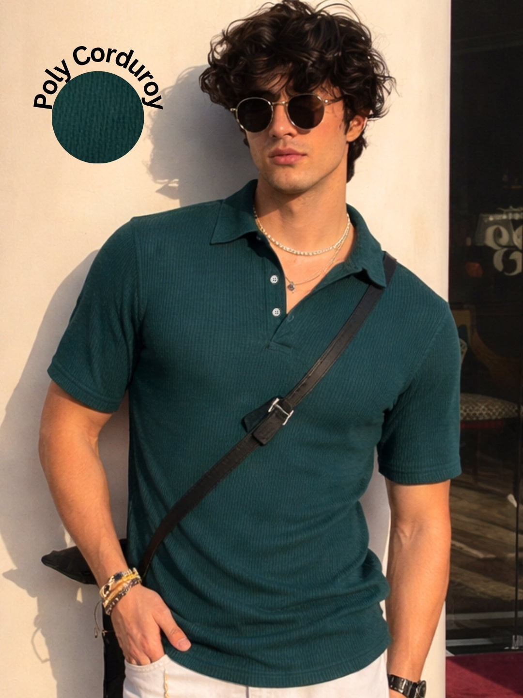 Teal Solid Poly Corduroy Cut Away Collar Polo T-Shirt