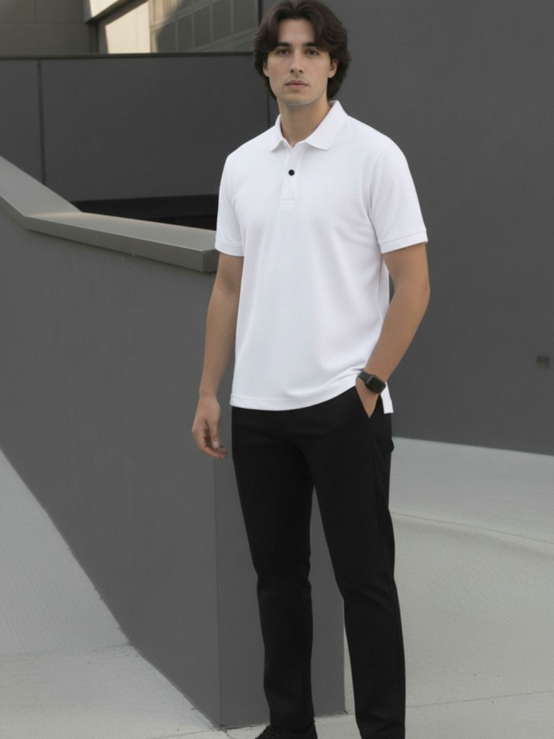 Solid White Terry Cut Away Collar Regular Fit Polo T-Shirt