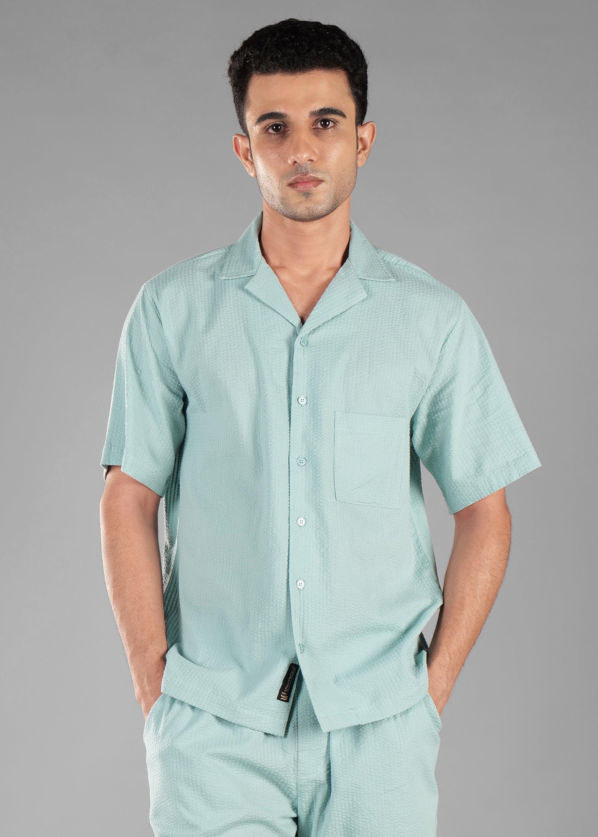 Granite Green Seersucker Textured Cuban Collar Shirt for Men
